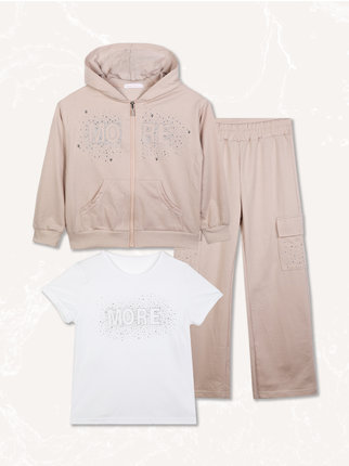 3-piece girl's tracksuit with rhinestones and big pockets