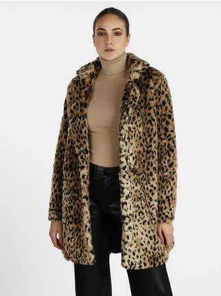 Abrigo de mujer de pelo sintético con estampado de leopardo