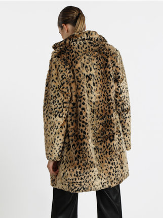 Abrigo de mujer de pelo sintético con estampado de leopardo