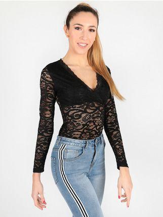 Black lace bodysuit with long sleeves