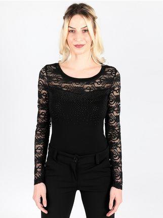 Bodysuit with lace and rhinestone sleeves