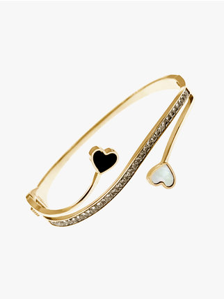 Bracelet rigide en acier pour femme avec coeurs et strass