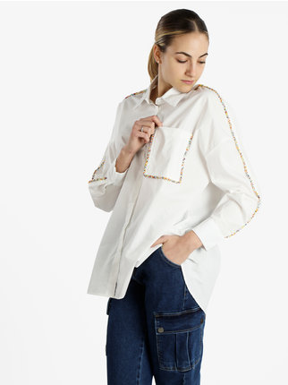 Camicia donna oversize in cotone con perline colorate