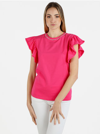 Camiseta de mujer con aplicaciones de strass y mangas con volantes
