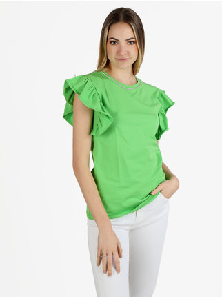 Camiseta de mujer con aplicaciones de strass y mangas con volantes