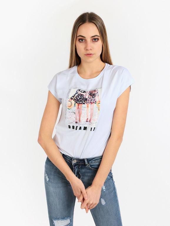 Camiseta de mujer con dibujo y pedrería