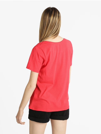 Camiseta de mujer de manga corta con letras y pedrería