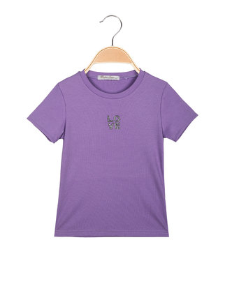 Camiseta de niña de canalé con inscripción de strass