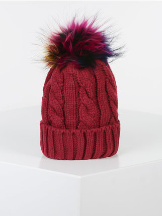 Cappello donna in maglia con pompon di pelo