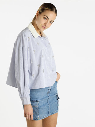 Chemise femme oversize à rayures avec applications de strass