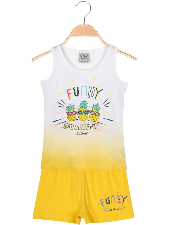 Crewneck tank top with drawings + yellow shorts  2-piece cotton suit