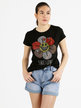 Damen-T-Shirt mit Blumenmuster und farbigen Strasssteinen