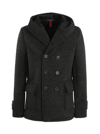 Double-breasted men's coat with hood