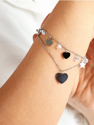 Double chain bracelet with pendants and rhinestones