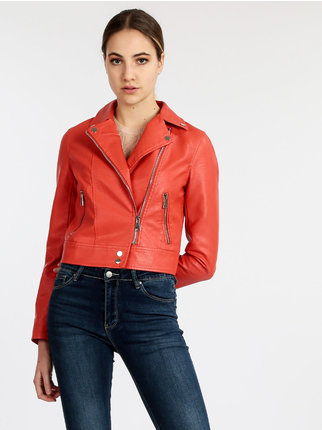 Faux leather biker jacket for women