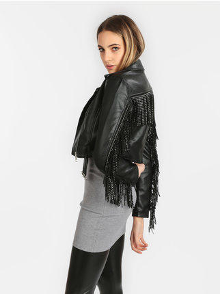 Faux leather biker jacket with fringes on the back
