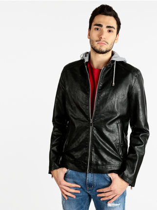Faux leather jacket with fleece hood