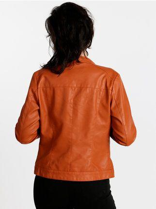 Faux leather jacket with strap on the neckline