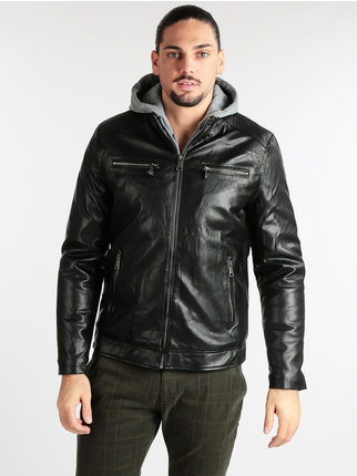 Faux leather men's jacket with hood