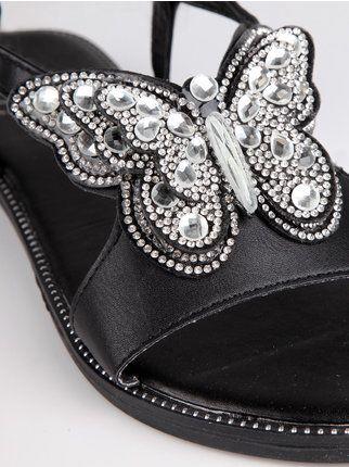 Flat sandals with rhinestone butterfly