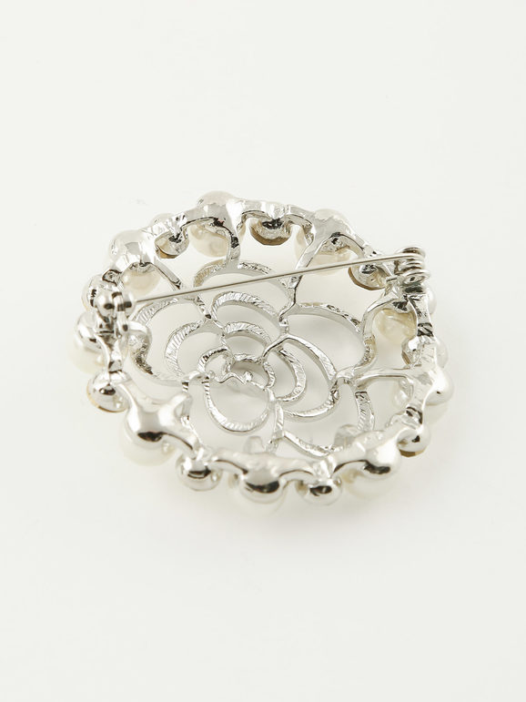 Flower brooch with pearls and rhinestones