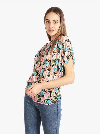 Flowery woman t-shirt with waterfall neckline