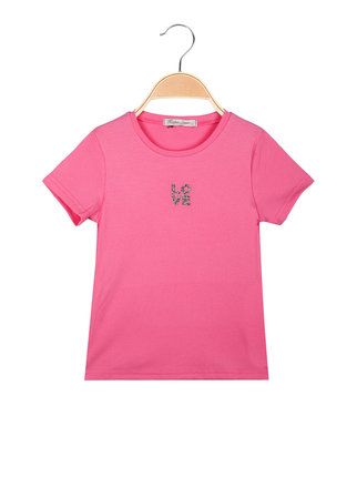 Geripptes Mädchen-T-Shirt mit Strass-Schriftzug