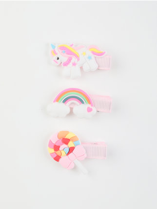 Girl hair clips with decorations, 3 pieces