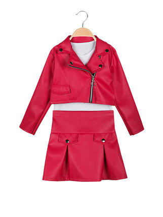 Girls' 3-piece faux leather outfit with skirt