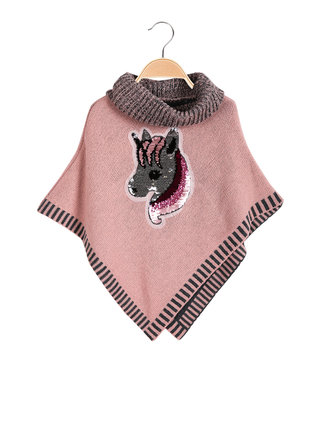 Girl's knitted poncho with sequined unicorn