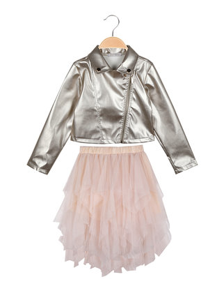 Girl's outfit with faux leather blazer + t-shirt and tulle skirt