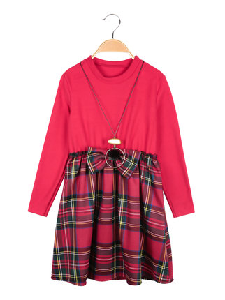 Girl's plaid dress with bow and necklace