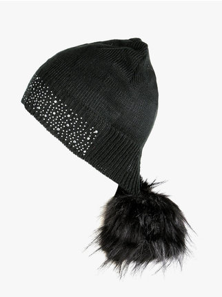 Hat with rhinestones and pompoms