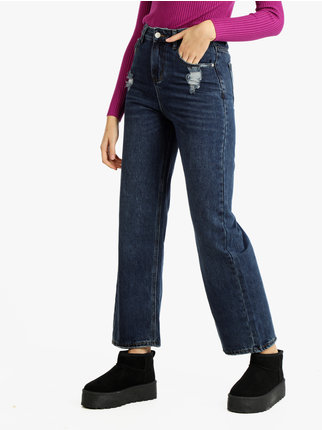 Jeans donna a gamba larga con strappi