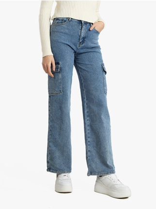 Jeans donna a gamba larga con tasconi