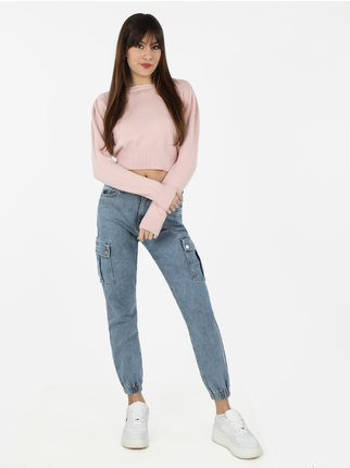 Jeans donna cargo con tasconi e polsini