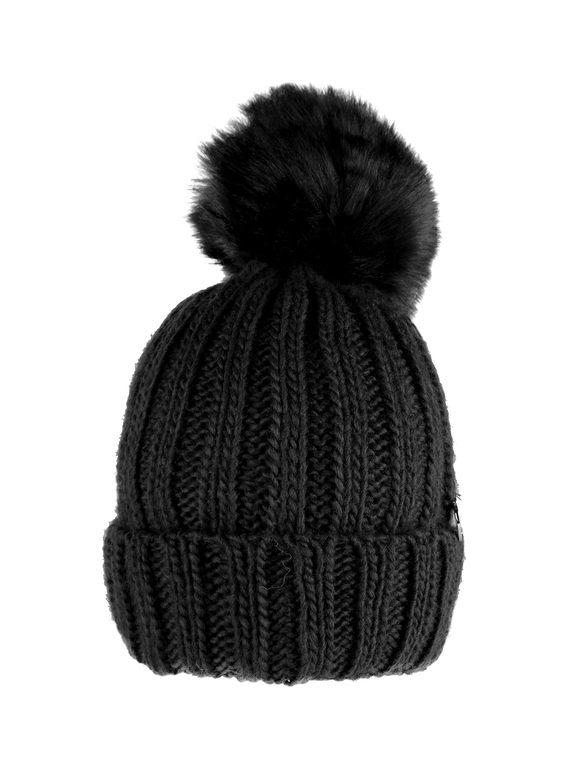 Knitted hat with furry pompom