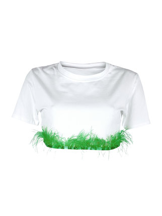 Kurz geschnittenes Damen-T-Shirt mit Federn