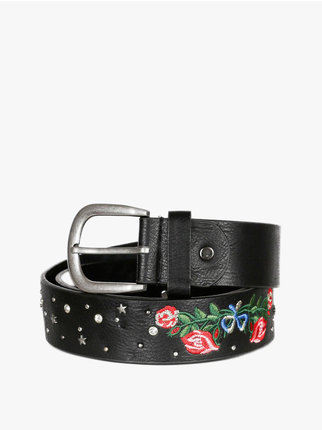 Leather belt with embroidery and rhinestones