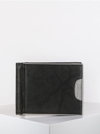 Leather card holder with money clip - black