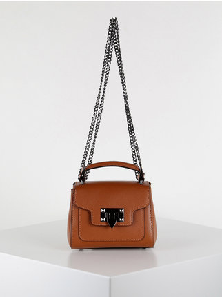 Leather handbag with chain shoulder strap
