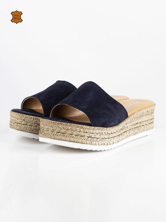 Leather slippers with rope wedge blue