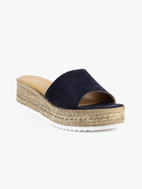 Leather slippers with rope wedge blue