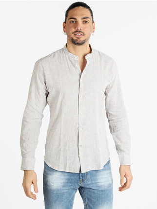 Linen blend men's mandarin collar shirt