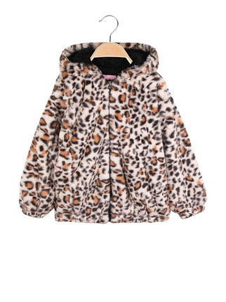 Little girl's hooded jacket in spotted faux fur
