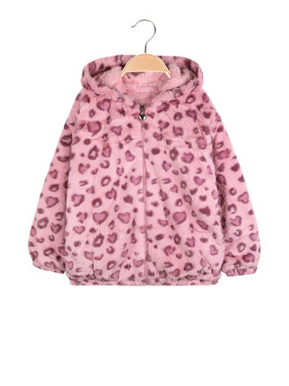 Little girl's hooded jacket in spotted faux fur