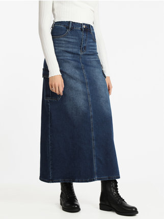 Long denim skirt with big pockets