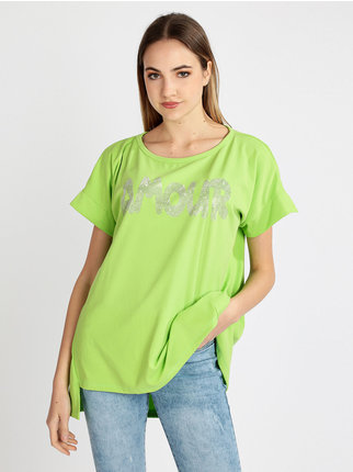 Maxi t-shirt with writing and rhinestones