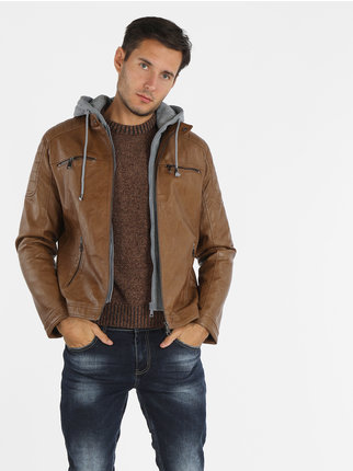 Men's faux leather jacket with hood