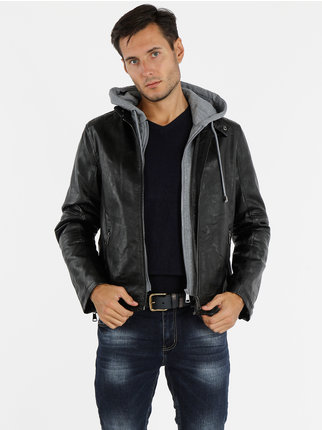 Men's faux leather jacket with hood